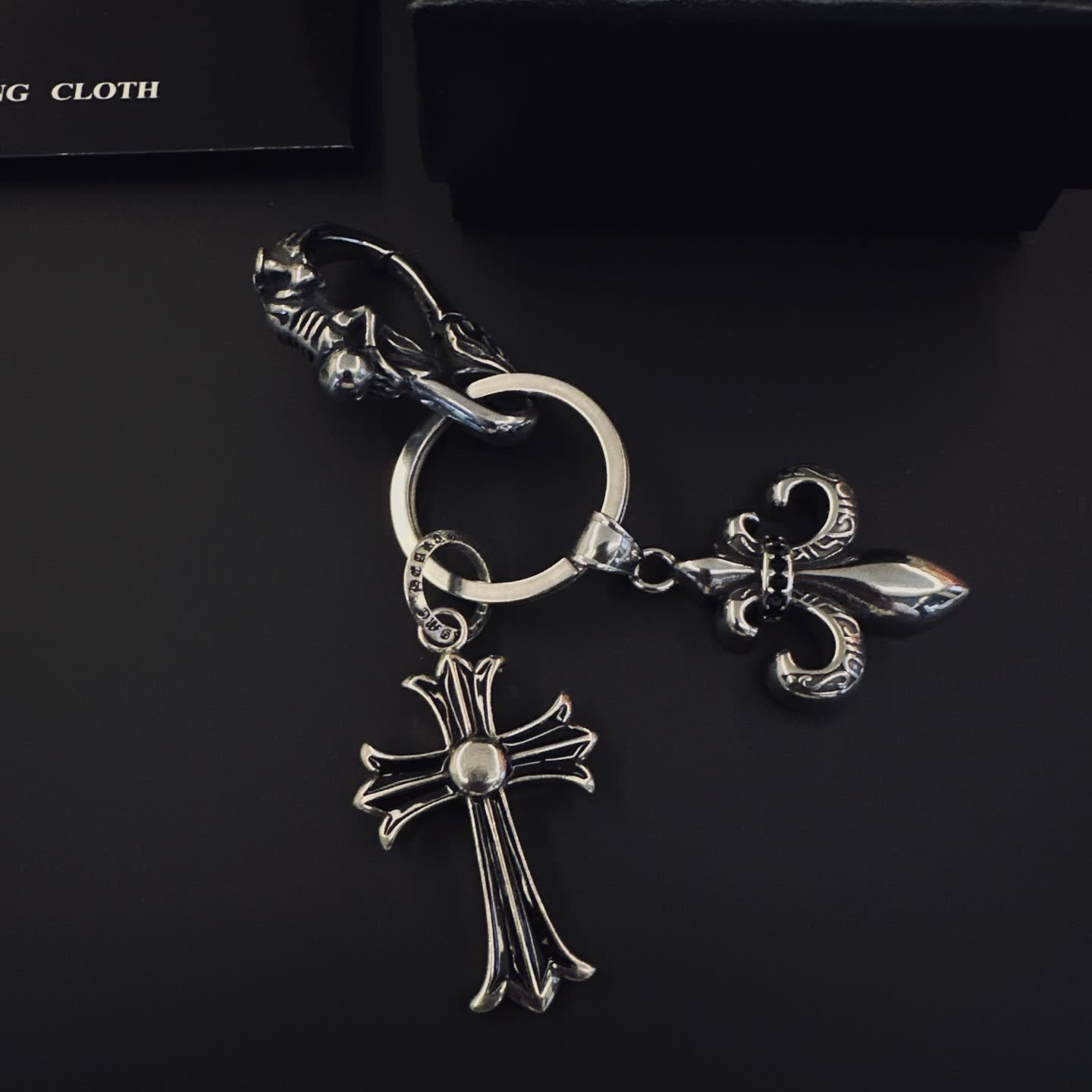 Chrome Hearts Silver Keychain with Cross and Fleur-de-lis Charms